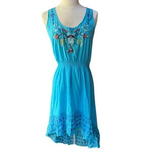 Johnny Was Floral Embroidered Sleeveless‎ Smocked Waist Rayon High Low Dress